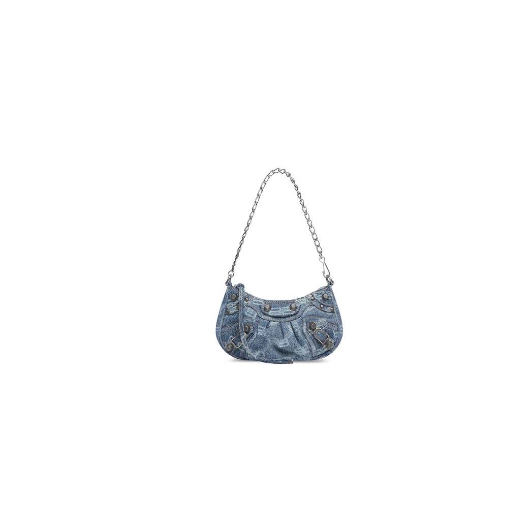 Women\'s Balenciaga Le Cagole Chain Bb Monogram Bleached Denim Mini Bag Blue | 7503QIDPA