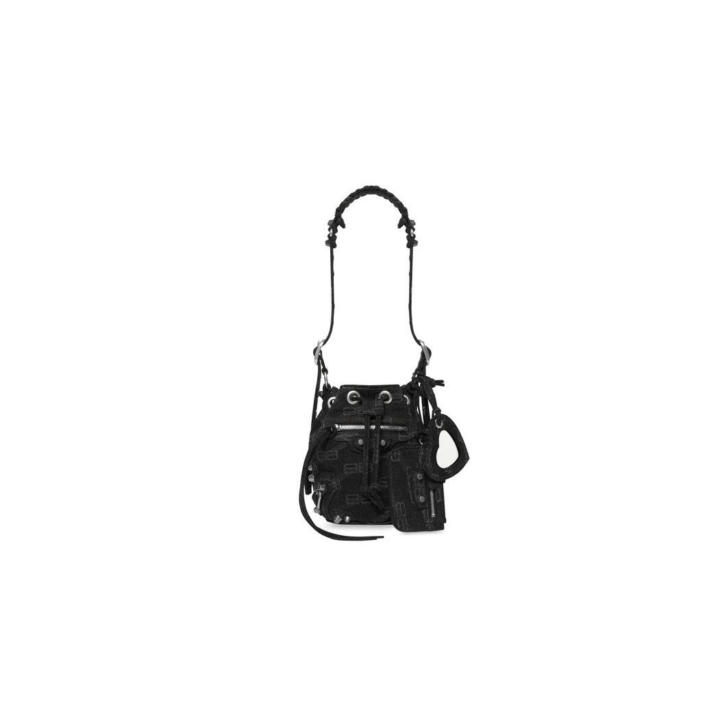 Women\'s Balenciaga Le Cagole Xs Bucket Bb Monogram Denim Handbag Black | 8590RUWVT