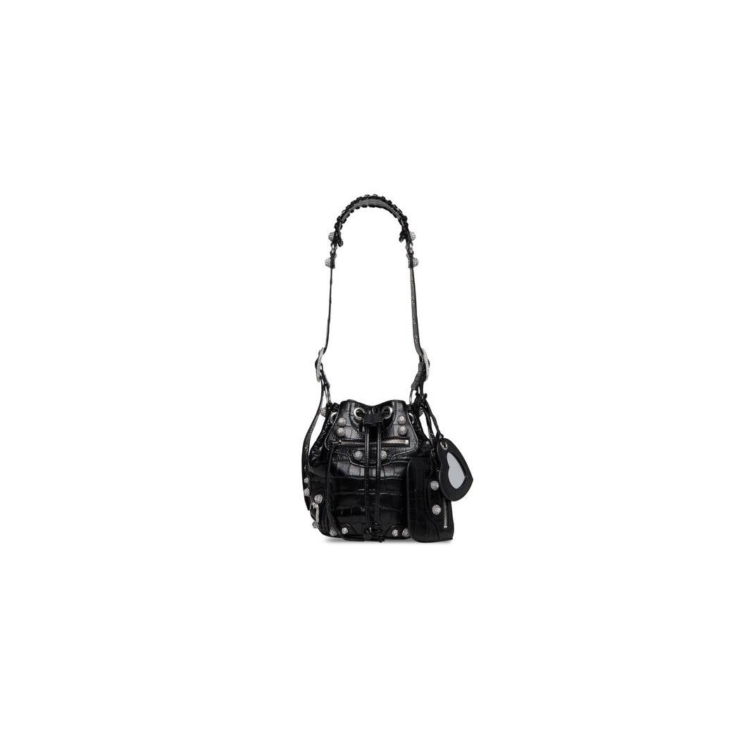 Women\'s Balenciaga Le Cagole Xs Bucket Crocodile Embossed With Rhinestones Handbag Black | 7935EOFRL