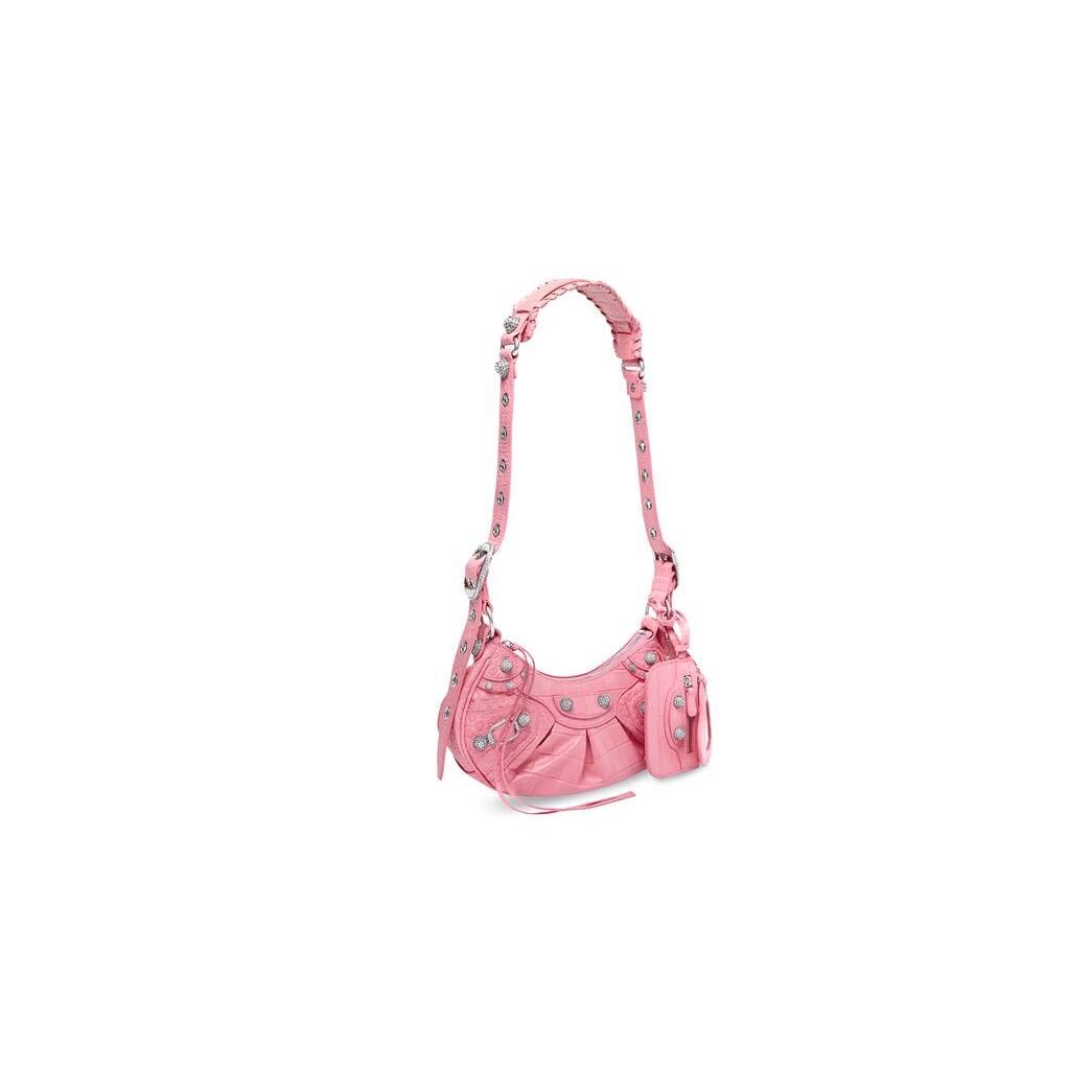 Women's Balenciaga Le Cagole Xs Crocodile Embossed Rhinestones Shoulder Bags Pink | 1028GVCBN