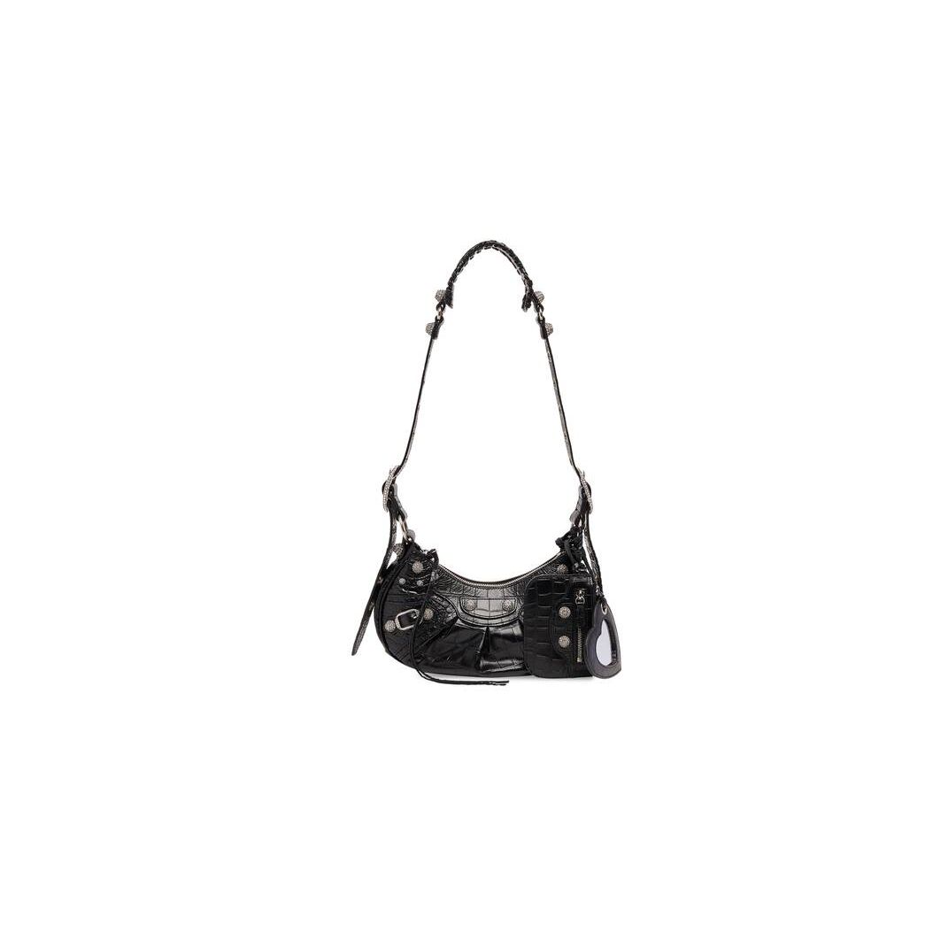 Women's Balenciaga Le Cagole Xs Crocodile Embossed Rhinestones Shoulder Bags Black | 6950YETGQ