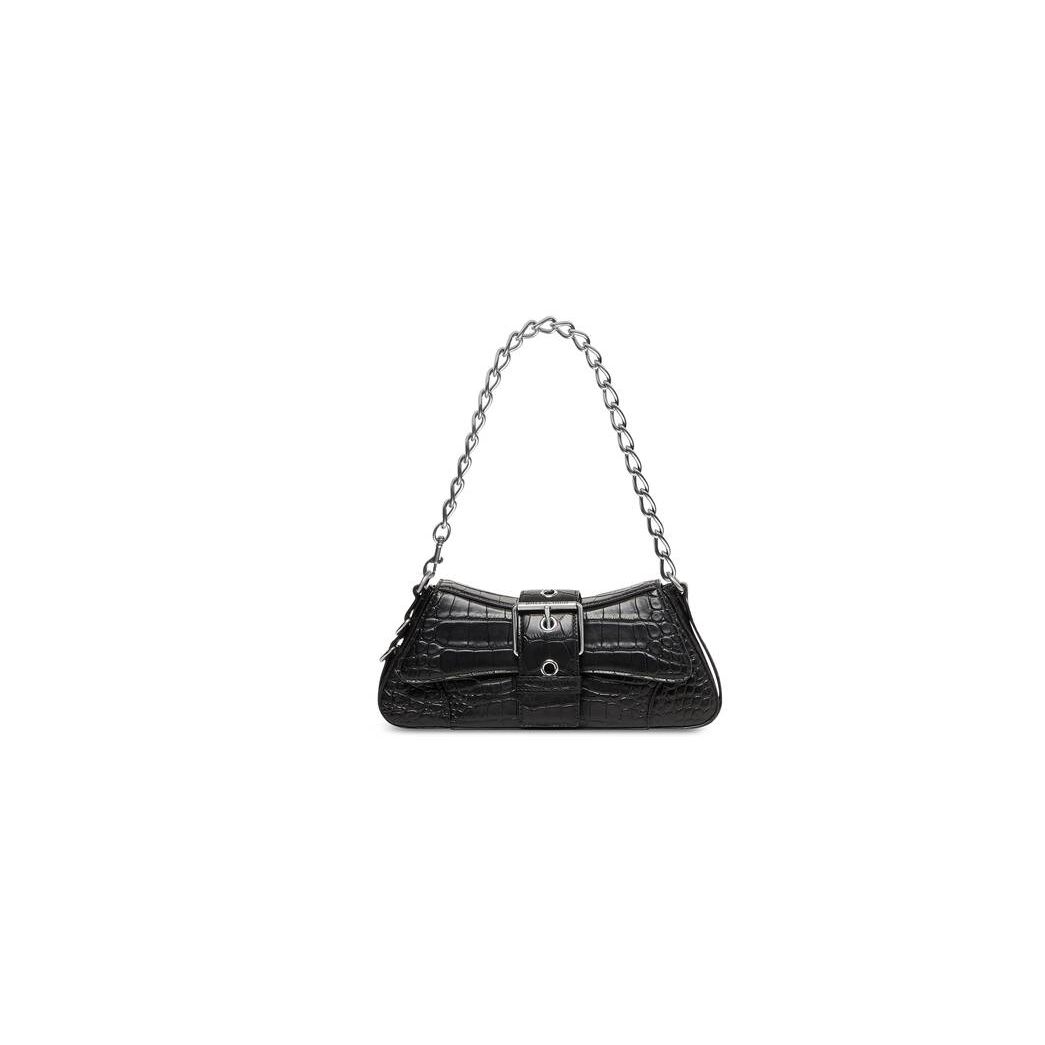 Women's Balenciaga Lindsay Small Strap Crocodile Embossed Shoulder Bags Black | 6859SEVCW