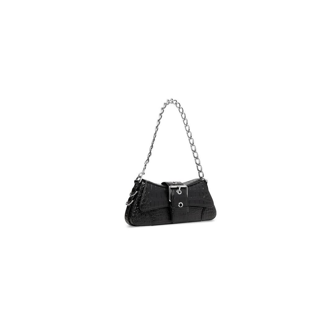 Women's Balenciaga Lindsay Small Strap Crocodile Embossed Shoulder Bags Black | 6859SEVCW