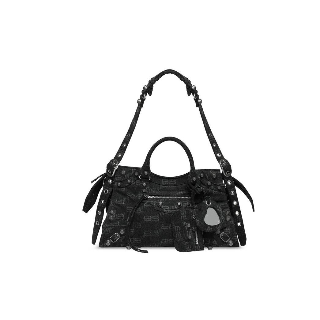 Women's Balenciaga Neo Cagole City Bb Monogram Denim Handbag Black | 7603IUZCG