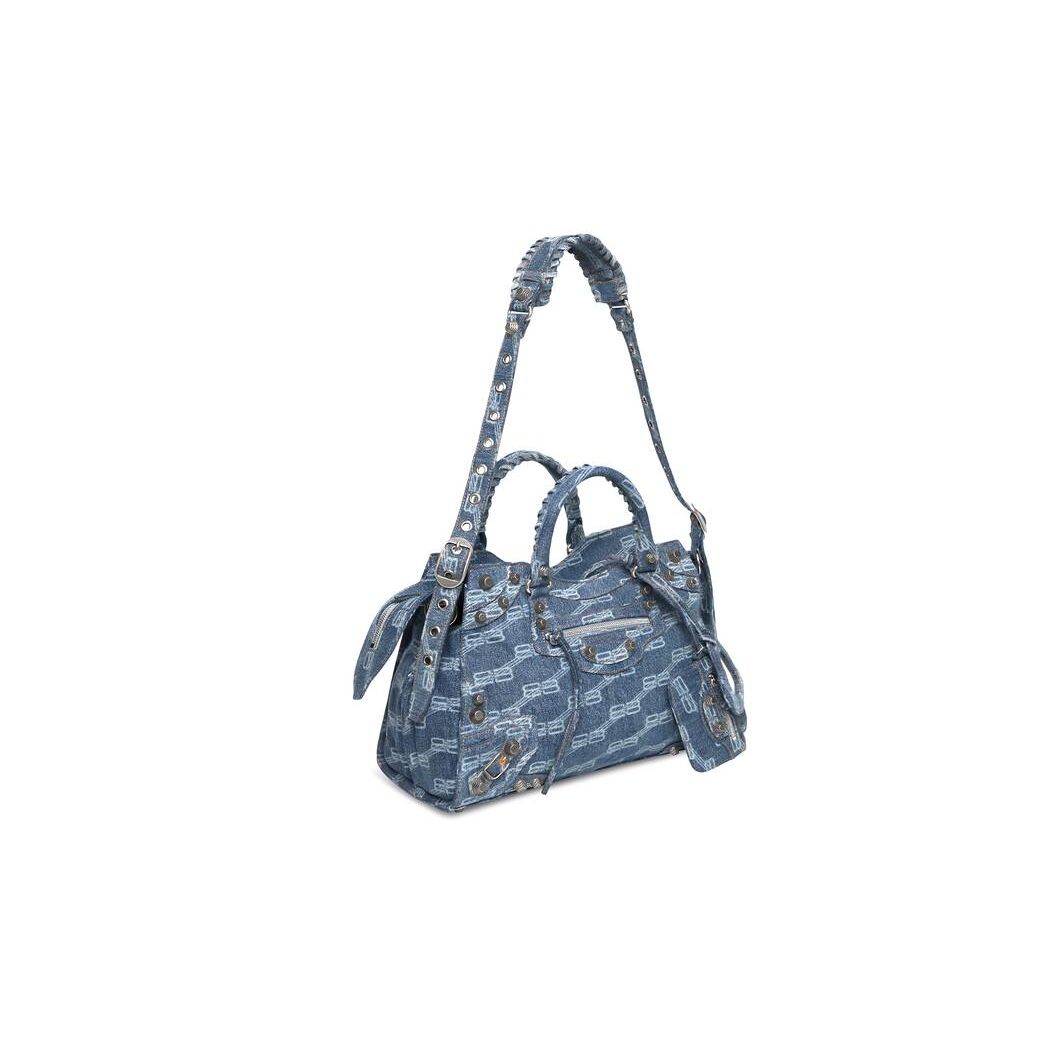 Women's Balenciaga Neo Cagole City Bb Monogram Bleached Denim Handbag Blue | 8490EIXGM