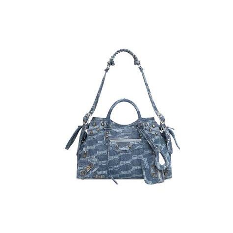 Women's Balenciaga Neo Cagole City Bb Monogram Bleached Denim Handbag Blue | 8490EIXGM